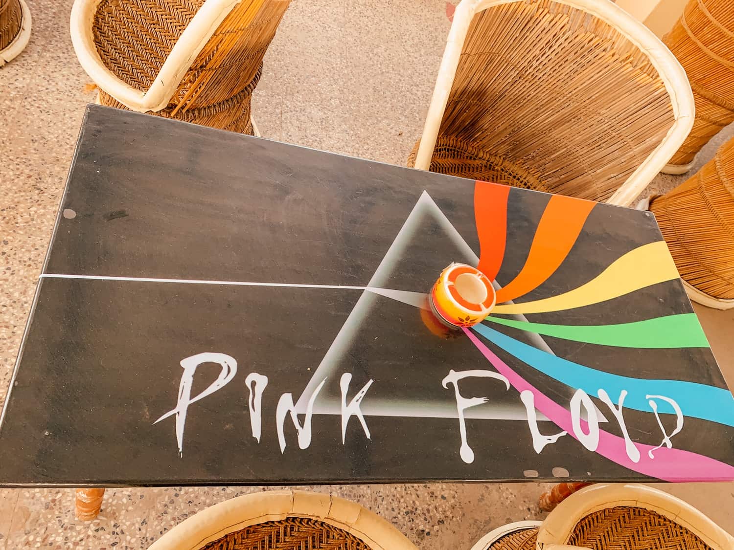 Table setup inside Pink Floyd Cafe Pushkar